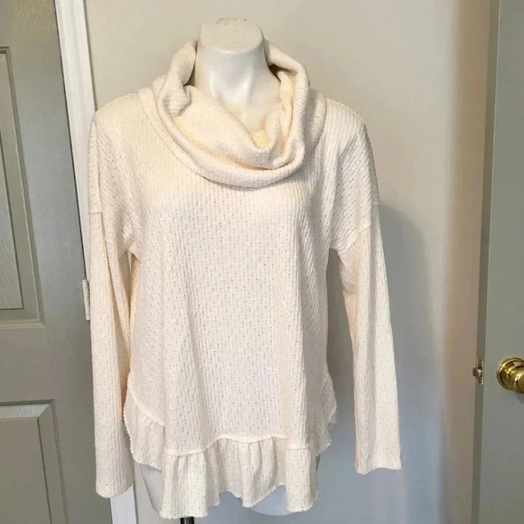 Maeve by Anthropologie Cowl Neck Addie Ruffled Hacci Pullover Ivory/Cream Top(M) - Picture 2 of 12